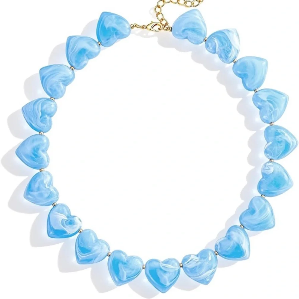 New Light Blue Heart Marbled Bead Choker Necklace